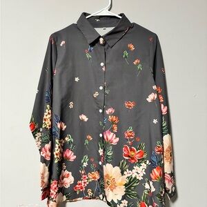 Black Floral Button-Up Blouse